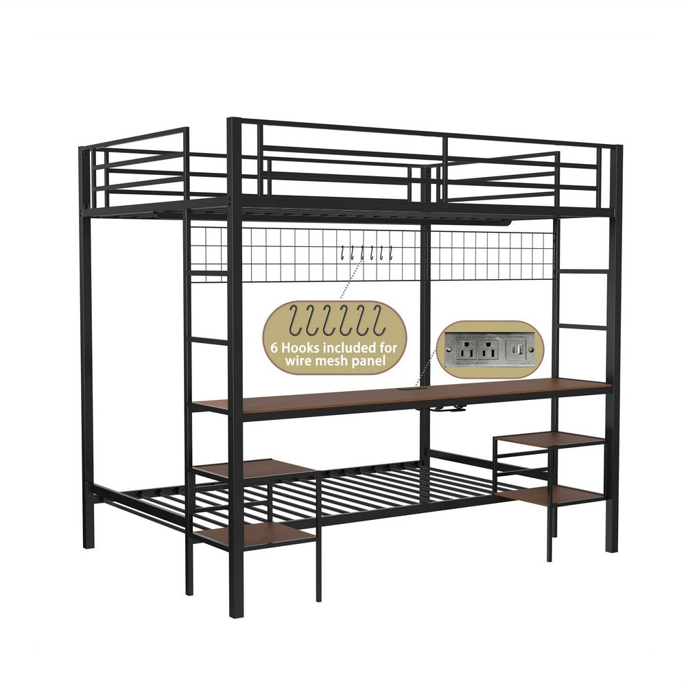 Eso Full Over Twin Bunk Bed | Desk | Storage Shelves | Black Metal| Cinnamon Oak