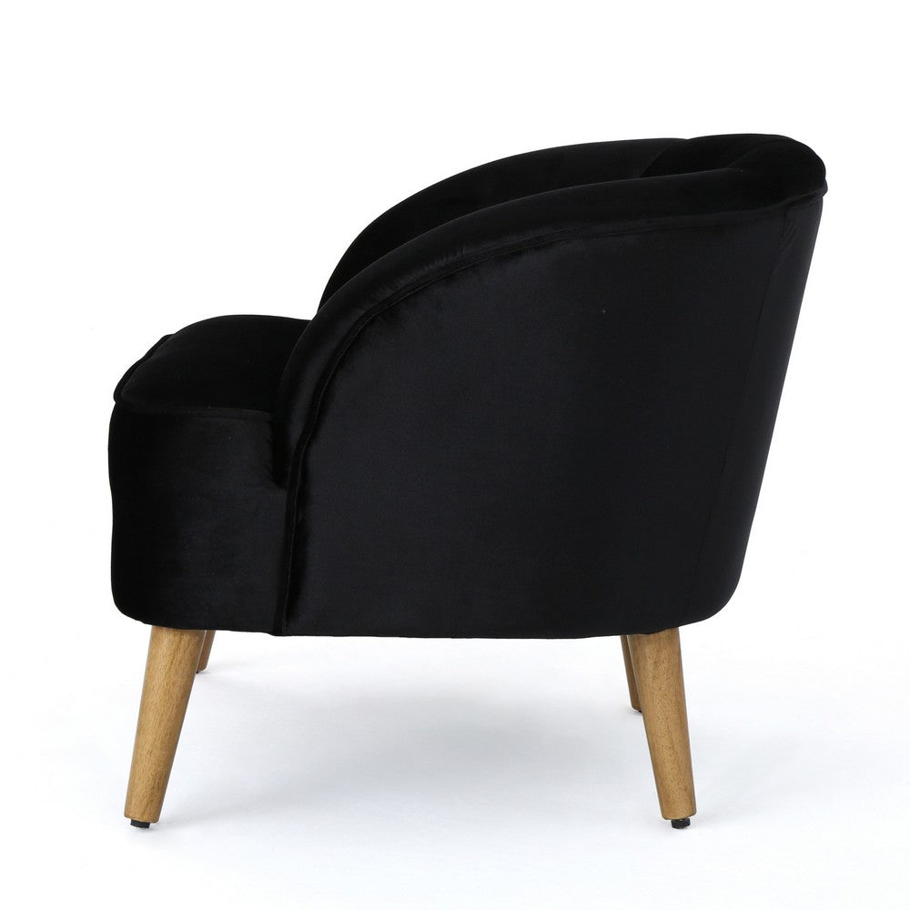 Accent Barrel Chair | Channeled Black Altay Velvet | Walnut Brown Wood Legs