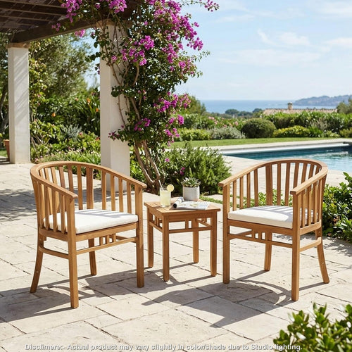 Outdoor Dining Chair Set of 2 | Curved Back | Cream Polyester | Teak Brown