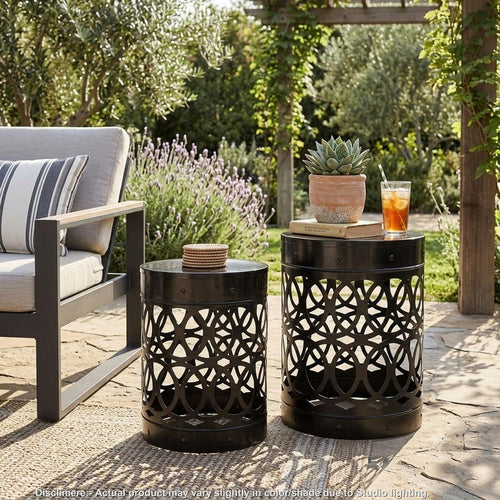 Reeta Outdoor End Table Set of 2 | Cylindrical | Laser Cut | Black Iron