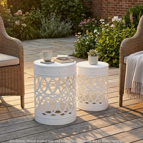 Reeta Outdoor End Table Set of 2 | Cylindrical | Laser Cut | White Iron