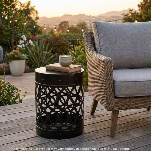 Outdoor End Table | Geometric Cutouts | Round Top | Black Iron | 18"