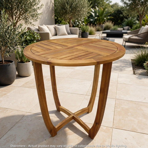 Outdoor Round Accent Table | Slatted Top | Cross Base | Teak Finish 30"