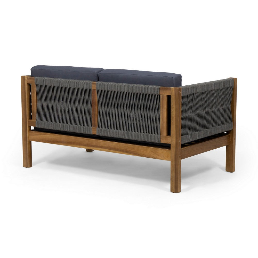 Nisha 4pc Outdoor Chat Set | Rattan Rope Seat | Gray Cushions | Teak Brown