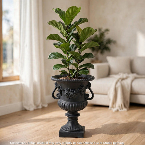 Urn Planter on Pedestal | Cherubs | Carved Antique Black Concrete 24"