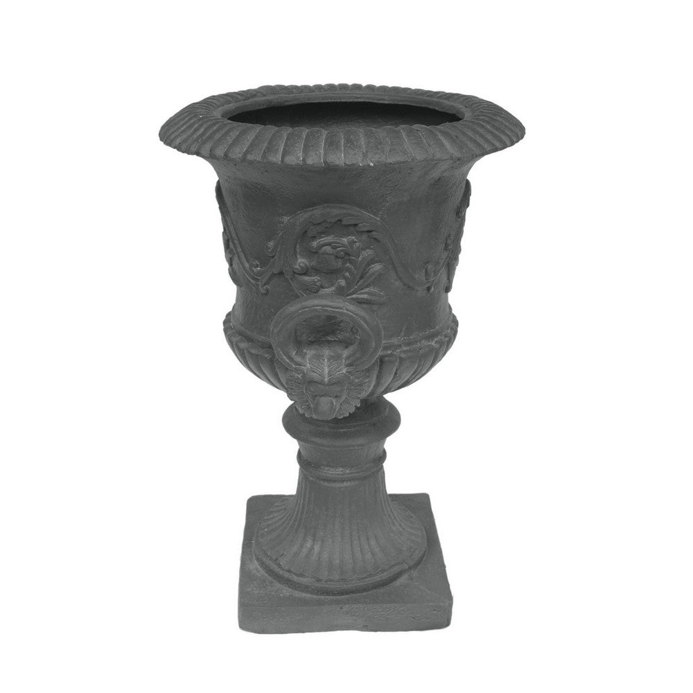 Kiti Urn Planter on Pedestal | Antique Gray Concrete w Carving | 28 Inch