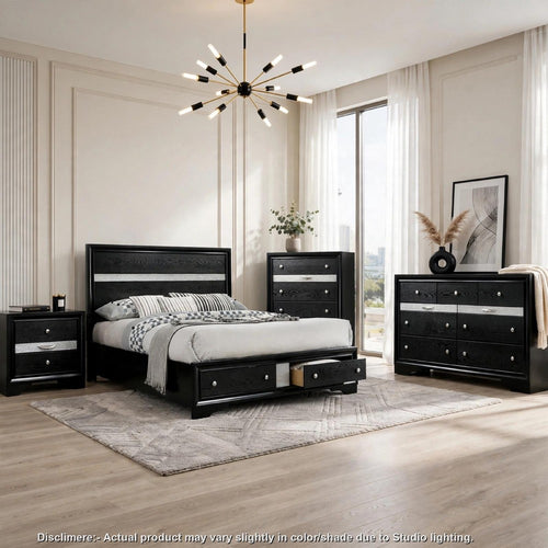 Queen Bedroom Set | Black & Silver | 4 Piece Set with Chest | Dresser | & Nightst&