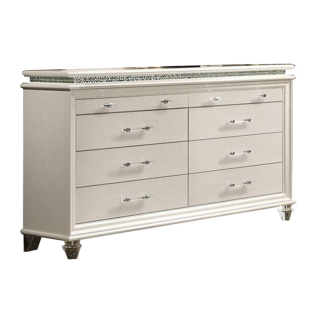Queen Bedroom Set | Silver | Pearl White | & Clear | 4 Piece Set with Chest | Dresser | & Nightst&