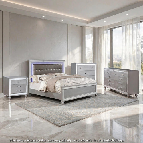 Queen Bedroom Set | Silver | 4 Piece Set with Chest | Dresser | & Nightst&