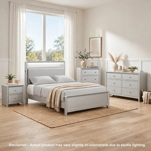 Queen Bedroom Set | Champagne Gray | Nickel | & Silver | 4 Piece Set with Chest | Dresser | & Nightst&