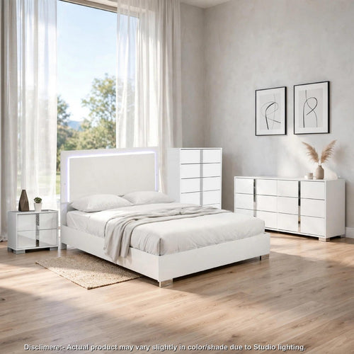 Queen Bedroom Set | White & Chrome Silver | 4 Piece Set with Chest | Dresser | & Nightst&