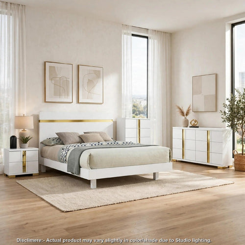 Queen Bedroom Set | White & Gold | 4 Piece Set with Chest | Dresser | & Nightst&