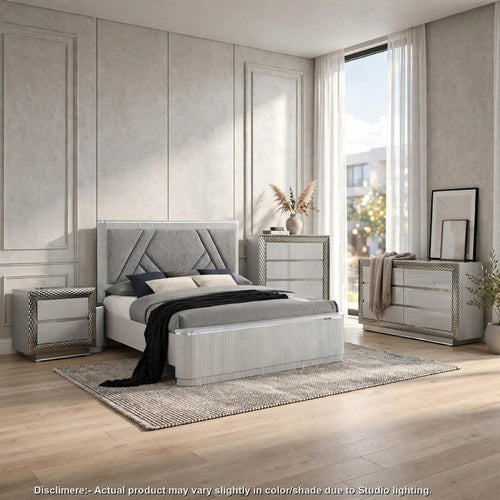 Queen Bedroom Set | Gray & Silver | 4 Piece Set with Chest | Dresser | & Nightst&