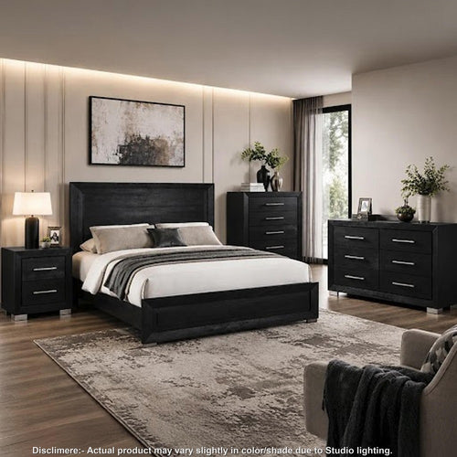 Queen Bedroom Set | Black | Chrome | & Nickel | 4 Piece Set with Chest | Dresser | & Nightst&