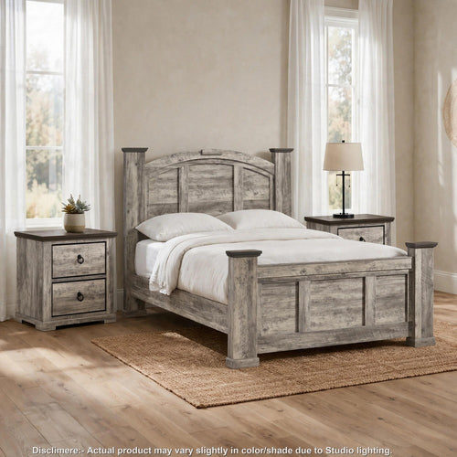 Queen Bedroom Set, Light Gray, Dark Brown, Black Wood, 3 Piece Set with 2 Nightstands