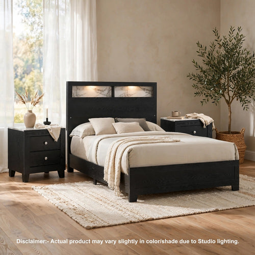 Queen Bedroom Set | Black | White | Chrome Wood | 3 Piece Set with 2 Nightst&s