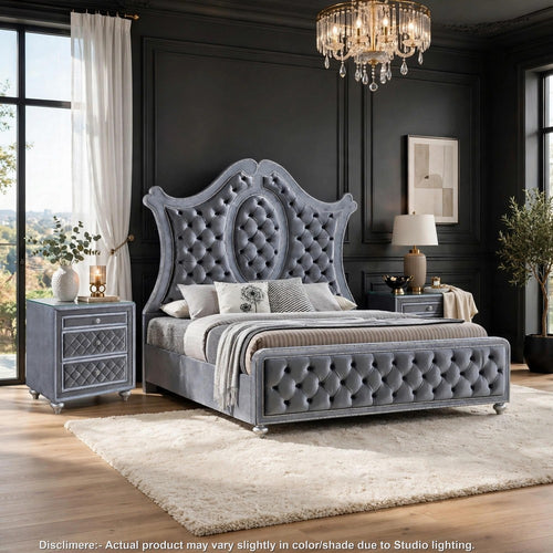 Queen Bedroom Set, Gray Wood, 3 Piece Set with 2 Nightstands