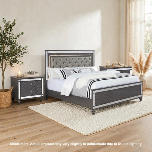 King Bedroom Set | Gray | Silver | Clear Wood | 3 Piece Set with 2 Nightst&s
