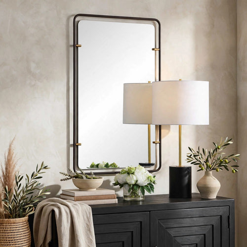 Decorative Wall Mirror | Gold Leaf Accent Tabs | 22x36 Rectangular Frame