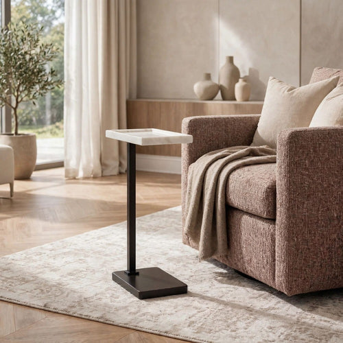 Accent Side End Drink Table | White Marble Top | Bronze Iron | 24"