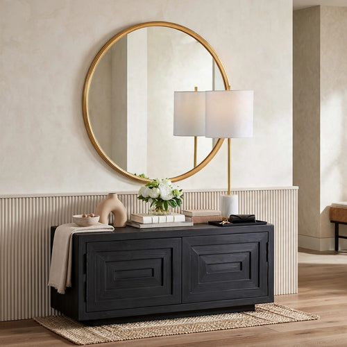 Decorative Wall Mirror | Ribbed Accent Gold Leaf | 34" Round Frame
