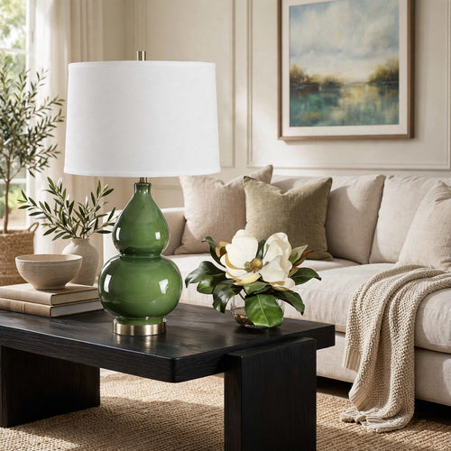 Table Lamp | White Tapered Shade | Dark Green Ceramic Gourd Base | 26"