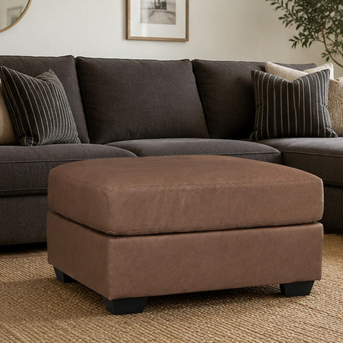 Lalie Oversized Square Ottoman | Soft Caramel Brown Faux Leather 36"