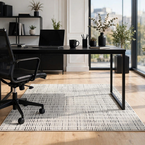 Turo Striped Large Area Rug | 16mm Pile | Ivory & Black Polyester 8x10