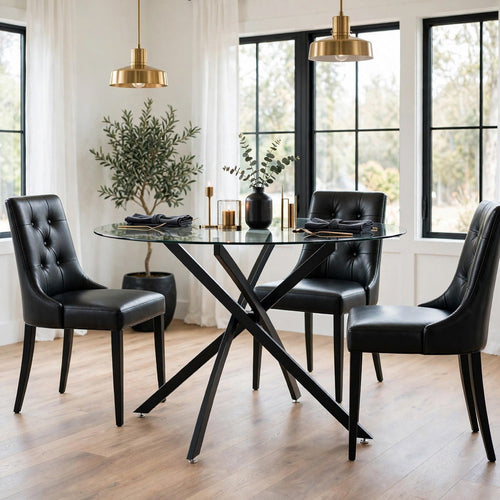Pheri Dining Table | Glass Round Top | Intricate Legs | Dark Gray 42"