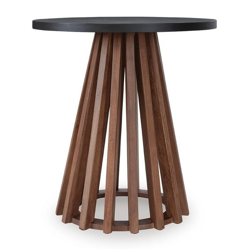 Kely Round Side End Table | Conical Slatted Base | Black & Brown 25"