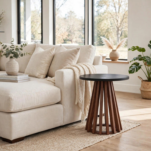 Kely Round Side End Table | Conical Slatted Base | Black & Brown 25"