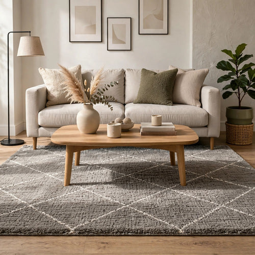Wreno 5x7 Medium Area Rug | Diamond Pattern | 50mm Pile | Cream & Gray PET