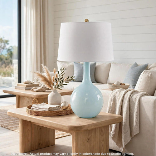 Yela Table Lamp | Bulbous Glass Body | White Drum Shade | Aqua Blue 29"