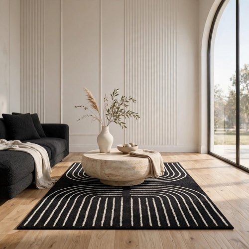 Edon Medium Area Rug with Ivory Geometric Design | Black Tufted Wool 5x7