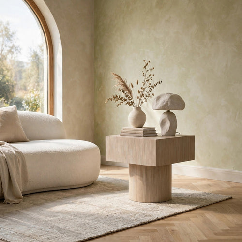 Jery End Side Table | Plinth Base | Thick Square Top | Gray Oak-Hardwood 24"