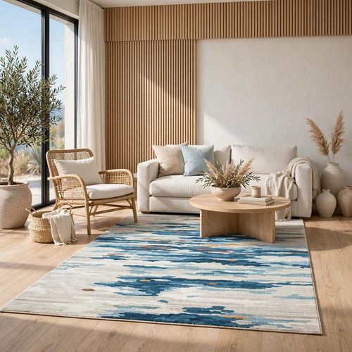 Vinly Washable Large Area Rug | Blue-Brown Abstract Design | Cream Polyester 8x10