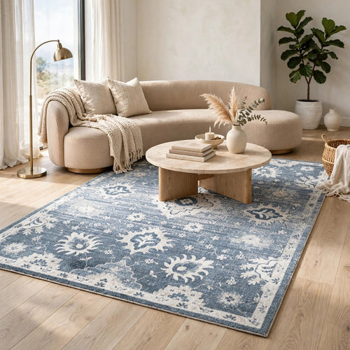 Avans Traditional Washable Large Area Rug | Gray-Ivory Motifs | Blue Polyester 8x10