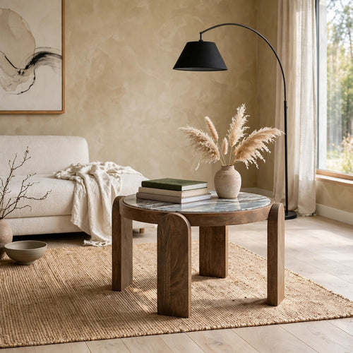 Rhya Accent Table with Round Marble Top | Arched Legs | Brown Mango Wood 22"