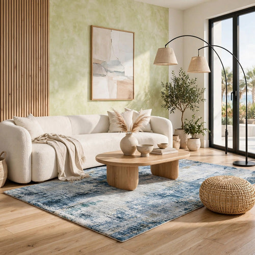 Arian Abstract Medium Area Rug | Faux Fur | Built-In Memory Foam | Blue 5x7