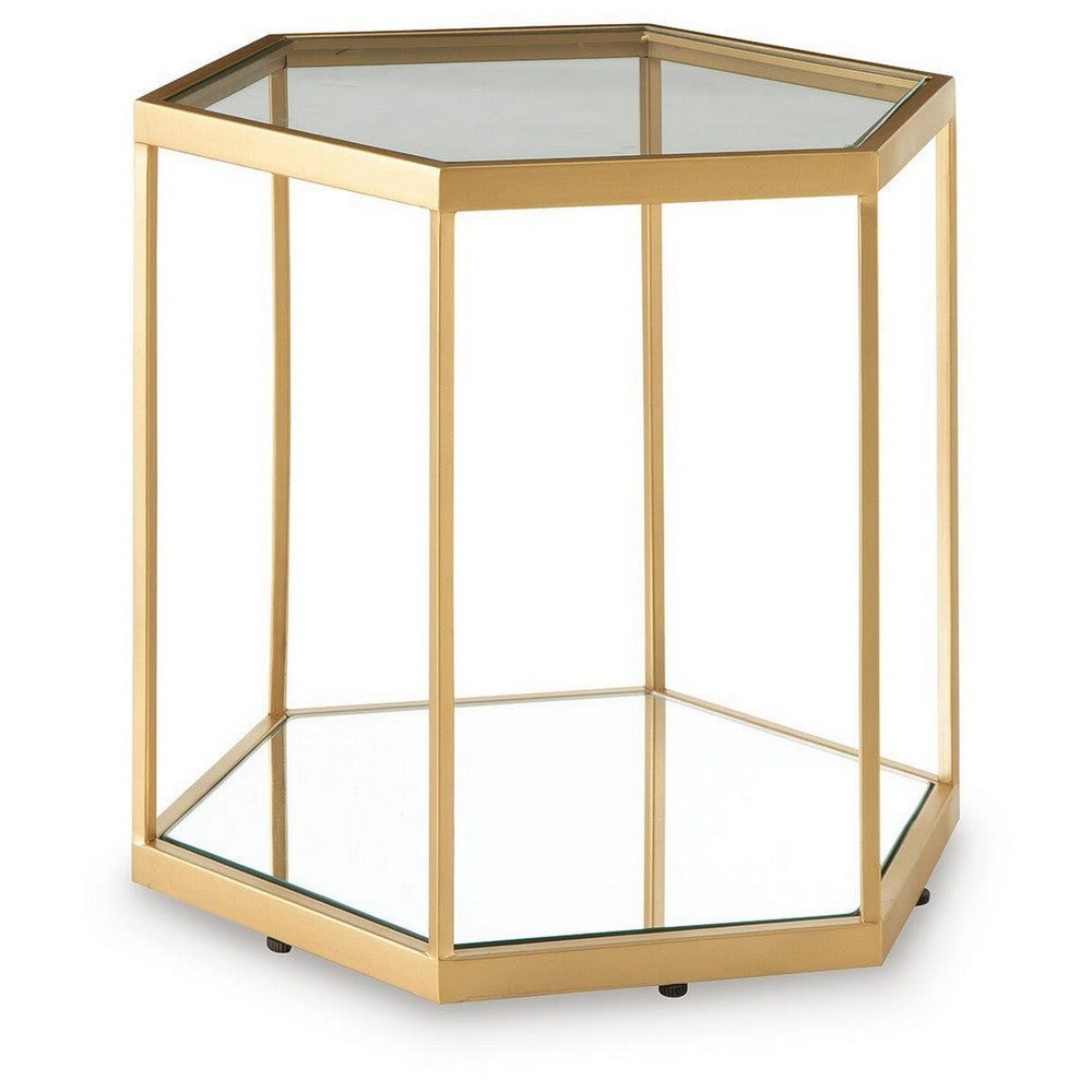 Veryl Accent Cocktail Table with Glass Top | Gold Hexagonal Metal Frame 18"