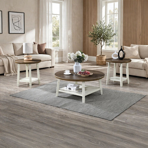 Ethy 3pc Round Coffee Table & End Table Set | Lower Shelf | Brown & White