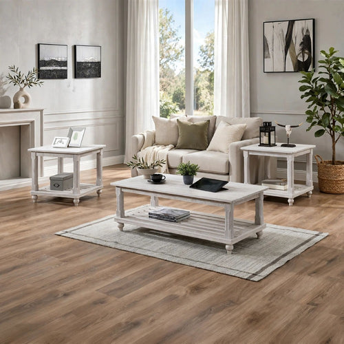 Jade 3pc Coffee Table & End Table | Slatted Shelf | Distress White Bun Legs