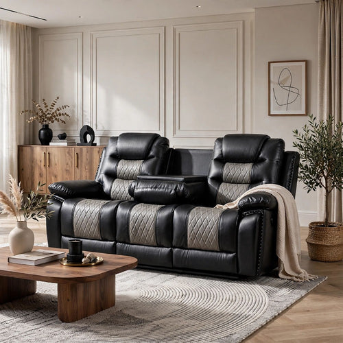 Asher Sofa | Dual Manual Recliners | Drop Down Tray | Cupholders | Black Gray