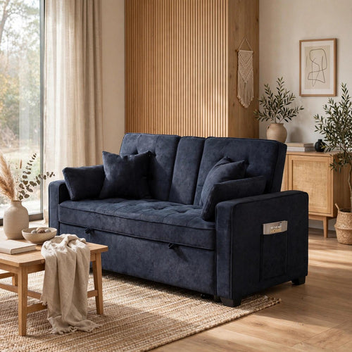 Oli Convertible Sleeper Loveseat | USB | 4 Throw Pillows | Gray Woven Fabric