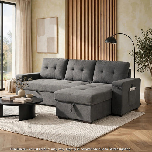 Oby Sleeper Sectional with Storage Chaise and USB Ports | Gray Fabric