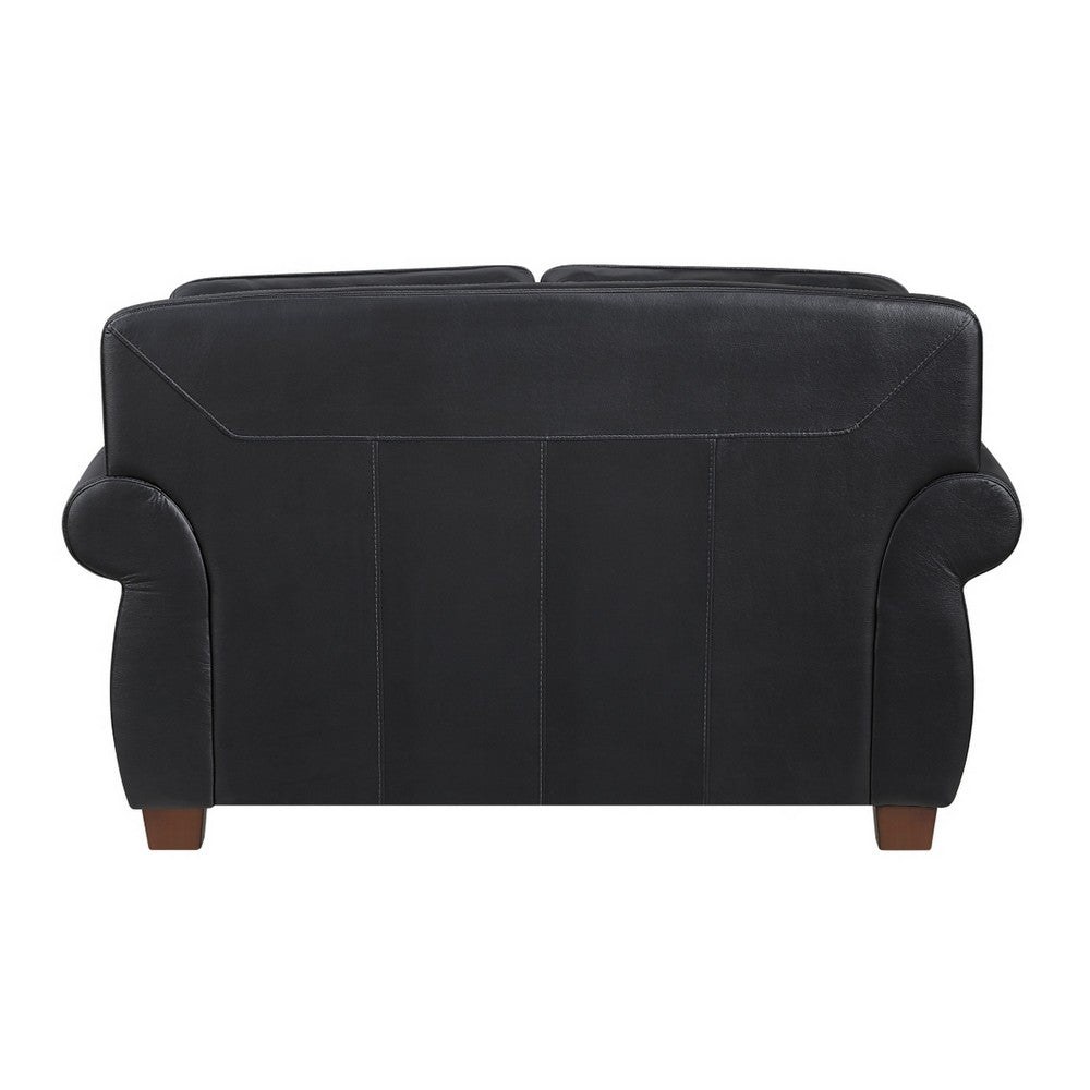 Ronny Loveseat with Nailhead Trim | Brown Wood Feet | Black Genuine Leather