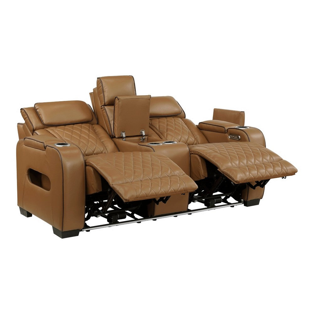 Fiya Power Double Reclining LED Loveseat | USB Ports | Brown Faux Leather