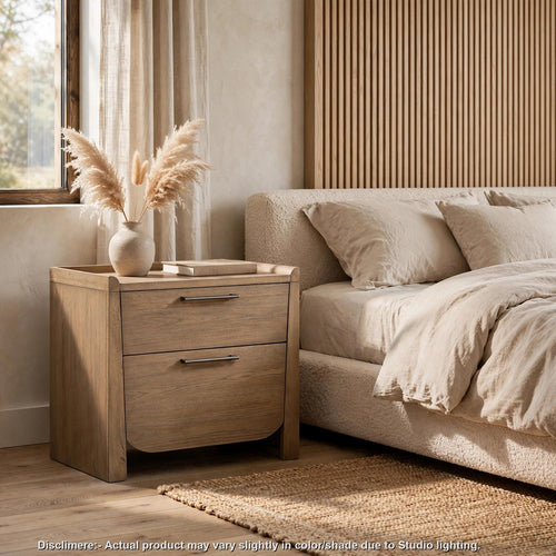 Rex Nightstand | 2 Drawers | Tray Top | Curved Bottom | Brown Hickory Veneer