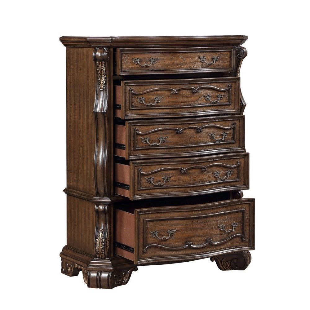 Gony Tall Dresser Chest | 5 Drawers | Traditional Carving | Gold | Dark Brown