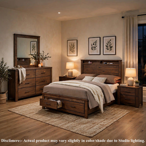 King Bedroom Set, Brown, 5pc w 2 Nightstands, Dresser, Mirror